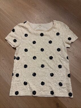 J. Crew Cream Sequin Short Sleeve Tee with Black Sequin Polka Dots